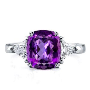 Three stone rings - Three Stone Cushion Created Amethyst Engagement Ring, Three stone rings, Italo jewelry - Online Catalog