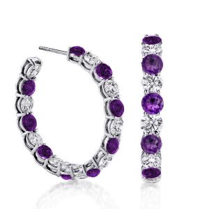 earrings - Alternating White & Amythyst Round Cut Hoop Earrings, Italo jewelry - Online Catalog