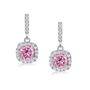 earrings - Halo Round Cut Pink Topaz Drop Earrings In Sterling Silver, Italo jewelry - Online Catalog