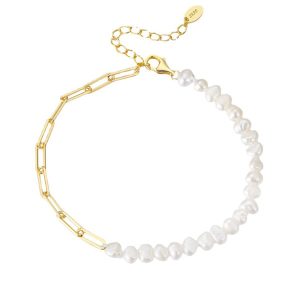 Bracelets - Yellow Gold Natural White Freshwater Pearl Bracelet, Apparel & Accessories, Italo jewelry - Online Catalog