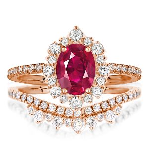 Bridal sets rings - Rose Gold Halo Oval Cut Ruby Bridal Set In Sterling Silver, Italo jewelry - Online Catalog