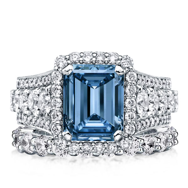 Bridal sets rings - Halo Emerald Cut Blue Topaz Triple Row Bridal Rings Sets, Italo jewelry - Online Catalog