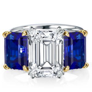 Three stone rings - Two Tone Three Stone Emerald Cut Blue Topaz Engagement Ring, Three stone rings, Italo jewelry - Online Catalog