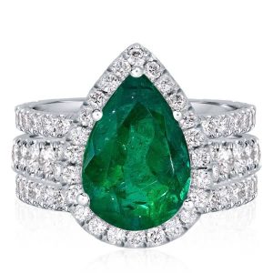 3pc wedding sets - Italo Halo Pear Cut Emerald Color Sapphire 3PC Wedding Set, Italo jewelry - Online Catalog