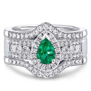 3pc wedding sets - Italo Halo Pear Cut Emerald & White Sapphire 3PC Wedding Set, Italo jewelry - Online Catalog