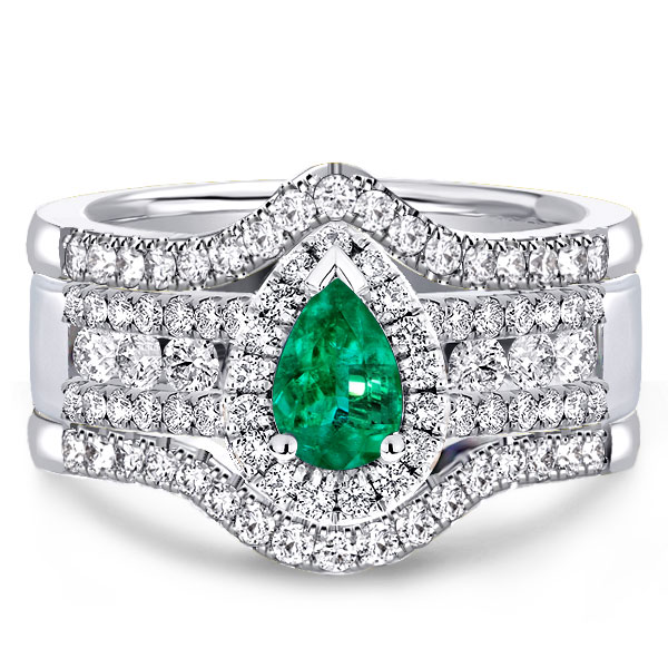 3pc wedding sets - Italo Halo Pear Cut Emerald & White Sapphire 3PC Wedding Set, Italo jewelry - Online Catalog