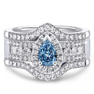 3pc wedding sets - Italo Halo Pear Cut Blue & White Sapphire 3PC Wedding Set, Italo jewelry - Online Catalog