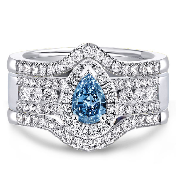 3pc wedding sets - Italo Halo Pear Cut Blue & White Sapphire 3PC Wedding Set, Italo jewelry - Online Catalog