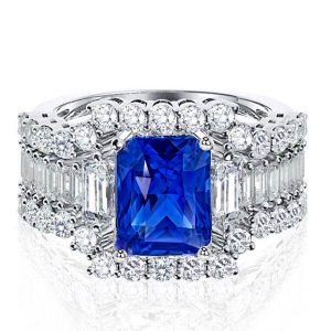 3pc wedding sets rings - Italo Three Stone Radiant Cut Blue Sapphire 3PC Wedding Set, Italo jewelry - Online Catalog