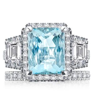 bridal sets - Aquamarine Radiant Cut Halo Engagement Ring Set, Italo jewelry - Online Catalog