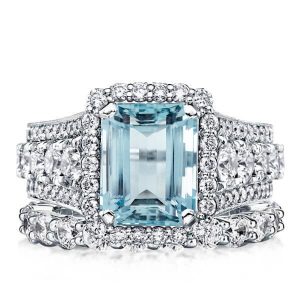 bridal sets - Vintage Halo Aquamarine Emerald Cut Enagement Ring Set, Italo jewelry - Online Catalog