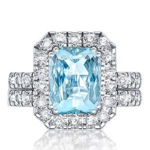 bridal sets - Radiant Cut Aquamarine Halo Engagement Ring Set, Italo jewelry - Online Catalog