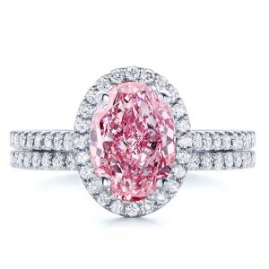 Bridal sets rings - Halo Oval Cut Pink Sapphire Engagement Ring Set, Italo jewelry - Online Catalog