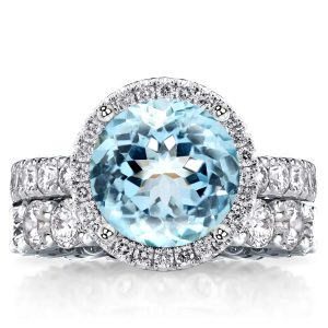 Bridal sets rings - Aquamarine Halo Eternity Shank Engagement Ring Set, Italo jewelry - Online Catalog
