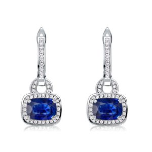 Earrings - Italo Halo Cushion Cut Blue Sapphire Drop Earrings For Women, Apparel & Accessories, Italo jewelry - Online Catalog