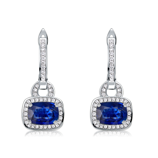Earrings - Italo Halo Cushion Cut Blue Sapphire Drop Earrings For Women, Apparel & Accessories, Italo jewelry - Online Catalog