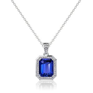 necklaces - Italo Halo Blue Emerald Cut Pendant Necklace For Women, Italo jewelry - Online Catalog