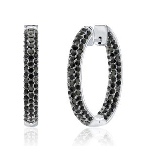 Earrings - Italo Black Round Pave Setting Silver Hoop Earrings For Women, Apparel & Accessories, Italo jewelry - Online Catalog