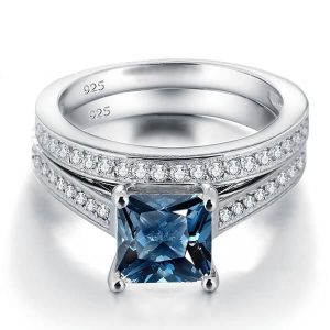 bridal sets - Italo London Blue Topaz Ring Set Travel Engagement Ring Set, Italo jewelry - Online Catalog