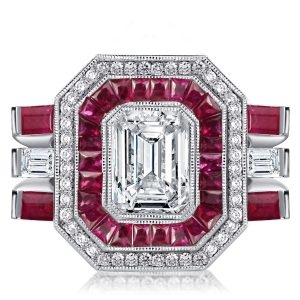 unique engagement rings - Milgrain Halo Emerald Cut Art Deco Engagement Ring, Italo jewelry - Online Catalog