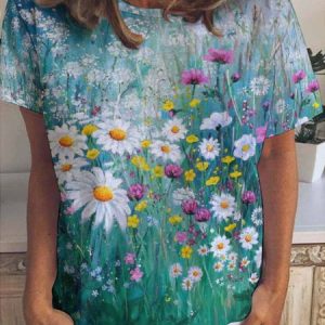 Casual Botanical Floral Print Crew Neck T-Shirt, T-shirts, Lilicloth.com