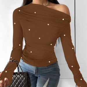 Skew Neck Ruched Beaded Ribbed Top, women T-shirt & Tees, ChicMe catalog