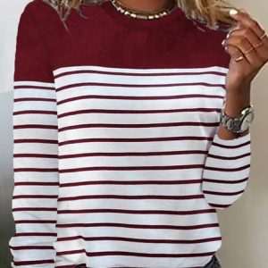 Women's Long Sleeve Tee T-shirt Spring/Fall Striped Printing Knitted Crew Neck Daily Going Out Casual Top, JustFashionNow Tops, color:Wine Red|size:5XL,