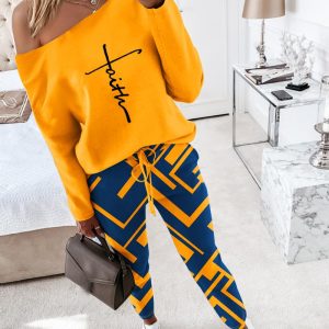 2 Pieces Outfit Faith Letter Print Skew Neck Long Sleeve Pullover Top and Colorblock Geometric Print Drawstring Stretchy Waist Slim Fit Pants Set, women Two-piece Sets, ChicMe catalog
