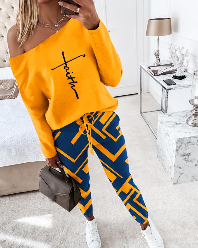 2 Piece Faith Geometric Print Outfit Long Sleeve Skew Neck Pullover Tops Stretchy Waist Pants Set Tracksuit, women Two-piece Sets, ChicMe catalog