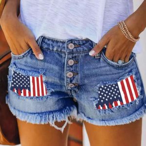 Independence Day Flag Print Buttoned Fringe Denim Shorts, women Denim Shorts, ChicMe catalog