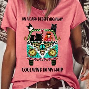 Womens Cat Hippie Casual Crew Neck T-Shirt, T-shirts, Lilicloth.com