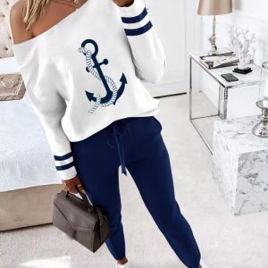 2PCS Anchor Print Striped Skew Neck Top & Stretchy Waistband Pants Set, Two-piece Sets, ChicMe catalog
