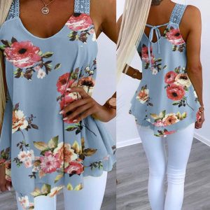 Floral Print Contrast Lace Layered Chiffon Tank Top, women Tanks & Crop Tops, ChicMe catalog