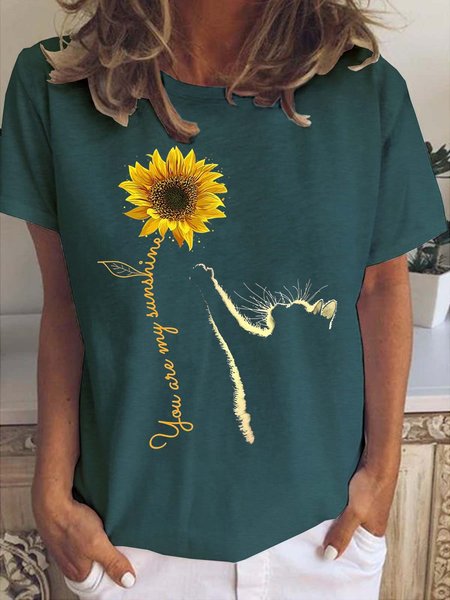 Sunflower Cat You Are My Sunshine Crew Neck Casual Short sleeve tops, T-shirts, Lilicloth.com