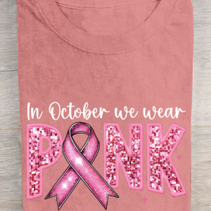 In October We Wear Pink Embroidery Breast Cancer Awareness Cotton T-Shirt, T-shirts, Lilicloth.com