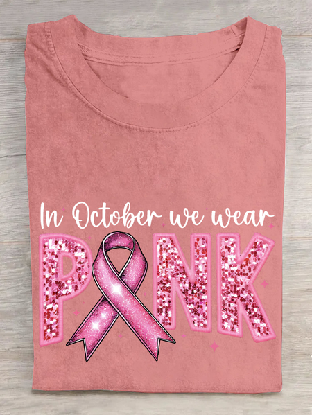 In October We Wear Pink Embroidery Breast Cancer Awareness Cotton T-Shirt, T-shirts, Lilicloth.com