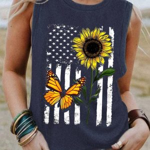 American Flag Sunflower Crew Neck Top, Tank Tops, Lilicloth.com