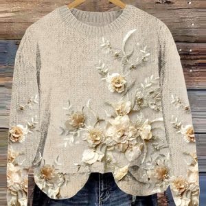 Vintage floral round neck knitted sweater, Sweaters, Lilicloth.com