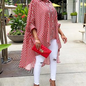 Striped Colorblock Batwing Sleeve Dip Hem Top, Blouses & Shirts, ChicMe catalog