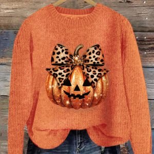 Leopard Coquette Bow Pumpkin Print Halloween Knitted Casual Loose Sweater, Sweaters, Lilicloth.com