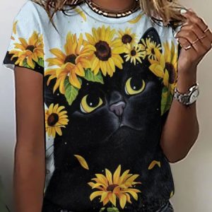 Womens Cute Black Print Casual Short Sleeve T-Shirt, T-shirts, Lilicloth.com