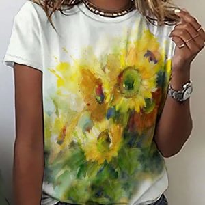 Casual Simple Sunflower Print Crew Neck T-Shirt, T-shirts, Lilicloth.com