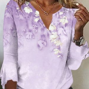 Casual Floral Notched Three Quarter Sleeve T-shirt, T-shirts, color:Color1|size:3XL, catalog Noracora shop