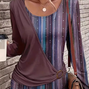 Crew Neck Long Sleeve Striped Regular Medium Elasticity Regular Fit Blouse For Women, Blouses, color:Brown|size:XXL, catalog Noracora shop