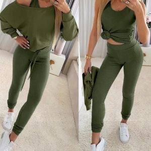 3 Pieces Outfit Cold Shoulder Long Sleeve Drawstring Hem Top and High Waist Cuffed Slim Fit Ribbed Pants with U-Neck Ribbed Tank Top, women Two-piece Sets, ChicMe catalog
