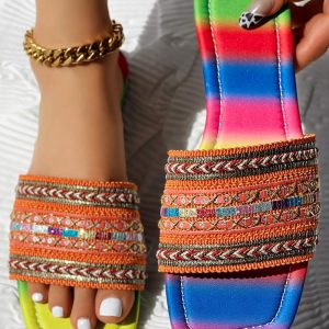 Rainbow Ombre Colorblock Braided Boho Slippers, Slippers, ChicMe catalog