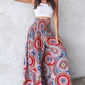 Geometric Tribal Print Shirred Wide Leg Pants, Pants, ChicMe catalog