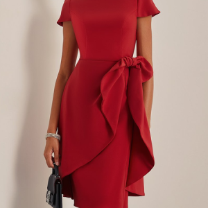 Women's Short Sleeve Summer Plain Bow Dress Boat Neck Commuting Going Out Urban Knee Length A-Line, JustFashionNow Dresses, color:Red|size:XXL,