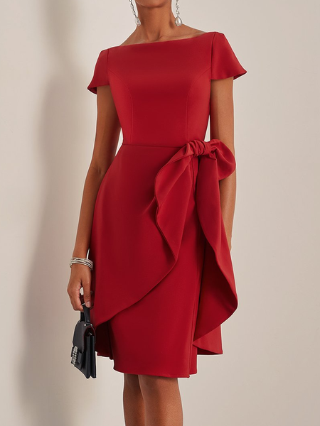 Women's Short Sleeve Summer Plain Bow Dress Boat Neck Commuting Going Out Urban Knee Length A-Line, JustFashionNow Dresses, color:Red|size:XXL,