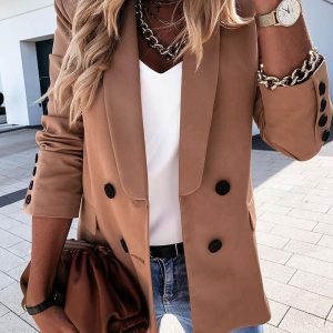 Plain Long Sleeve Double Breasted Chocolate Blazer Coat, women blazer, ChicMe catalog